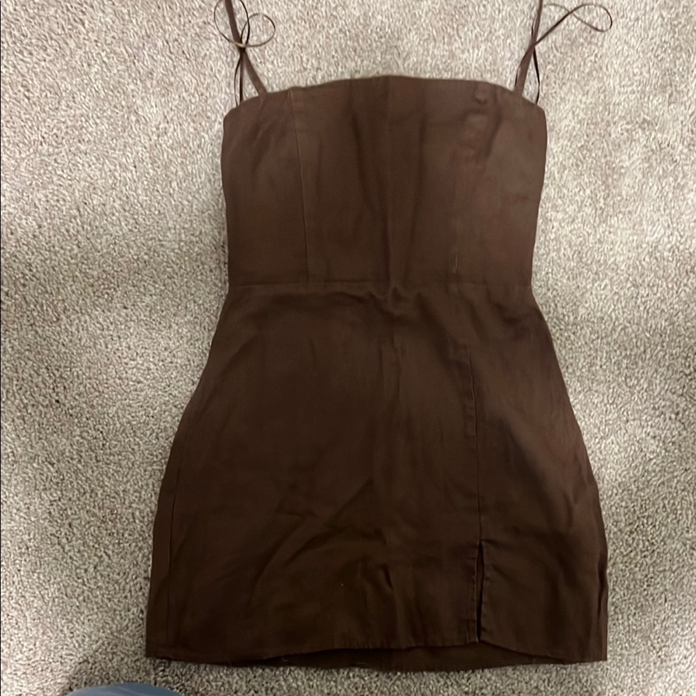 Reformation brown linen mini dress halter straps front slit